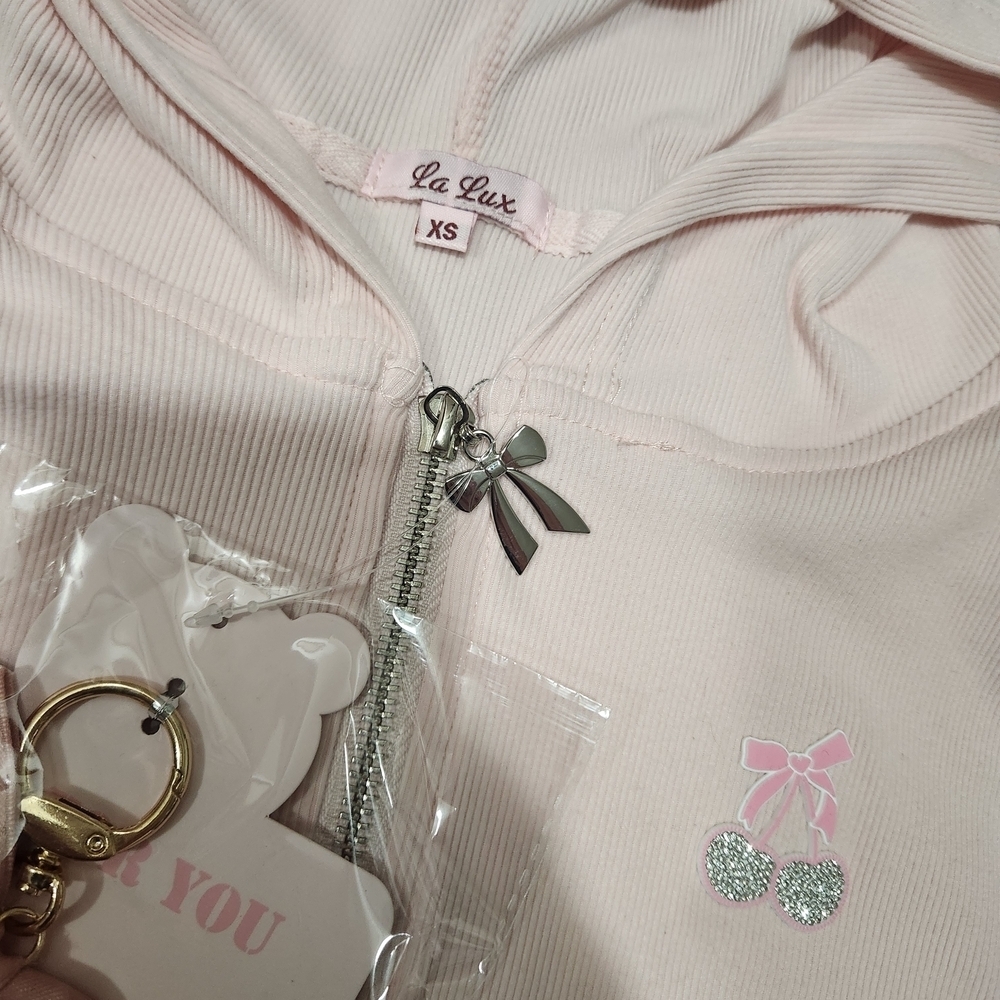 Lux Light Pink Hooded Zip Sweatshirt with Bow Keychain - Picture 4 of 7